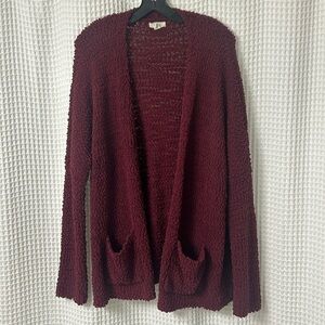 Cupio Long Cardigan Textured Popcorn Maroon Red Long Sleeve Pockets Open Medium